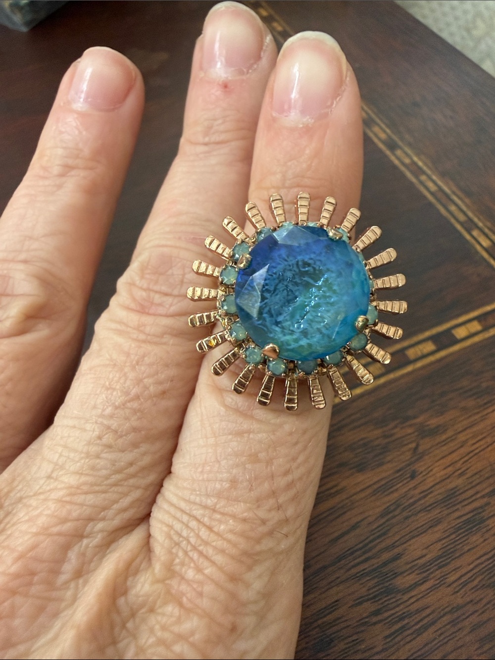 Mariana Blue and Pacific Opal Sunburst Statement Adjustable Ring- FITS MOST
